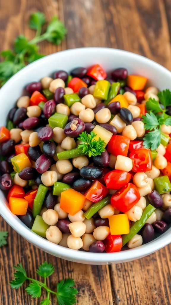 A colorful four-bean salad with kidney beans, black beans, chickpeas, and green beans, topped with bell peppers and parsley.